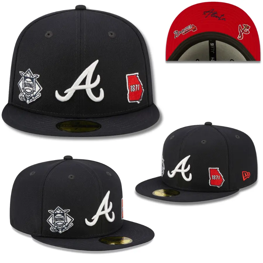 New Era MLB Atlanta Braves 59FIFTY Black Fitted Cap – White A Logo, Georgia 1871 Side Patch, Flat Brim Baseball Hat