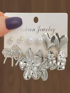 Fashion Heart Five-Petal Flower Earrings Set, Silver Color, Daily Wear Party Accessories, Trendy Ear Jewelry, Trendy Fashionable Accessories