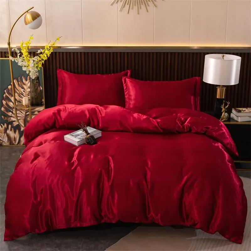 Plain Satin Duvet Cover Set, 3 Counts/set Including Duvet Cover & 2 Pillowcase without Filler, Soft Comfy Bedding Sets for Home Bedroom, Summer Father