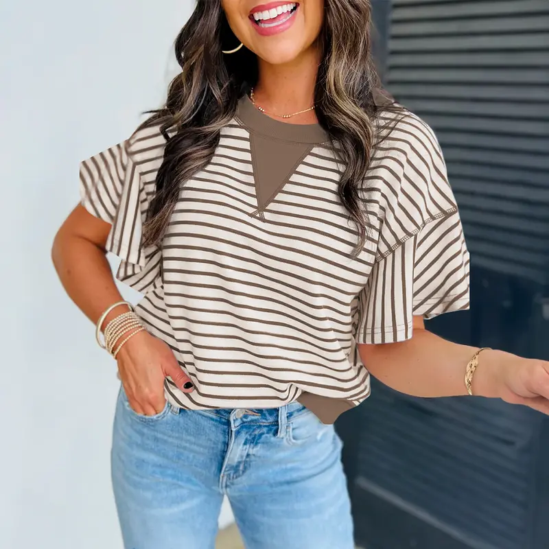 Women's Green Striped Cotton Blend H-Type T-Shirt - Crew Neck, Ruffle Short Sleeves, Colorblock, Bold Colors, Casual Summer Streetwear Everyday Top