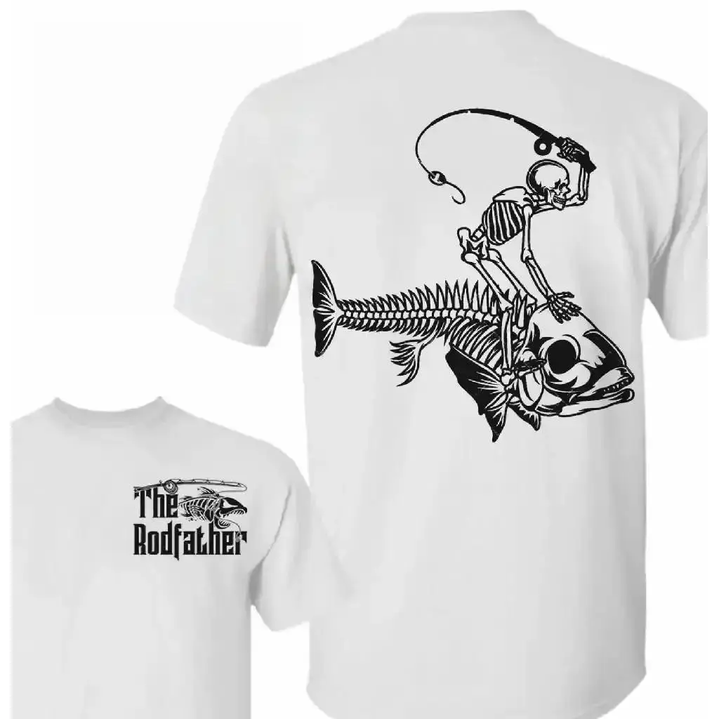 Men's Short-Sleeve Round Neck Casual Print T-Shirt - Skeleton Riding Fish The RodFather 2-Sided, Funny Fishing Outfit, Father's Day Camo Gift for American Trump-Supporting Dads, Menswear Tops, Shortsleeve, Cotton, Father's Day Gift, 2 Sides Shirt, Chinese