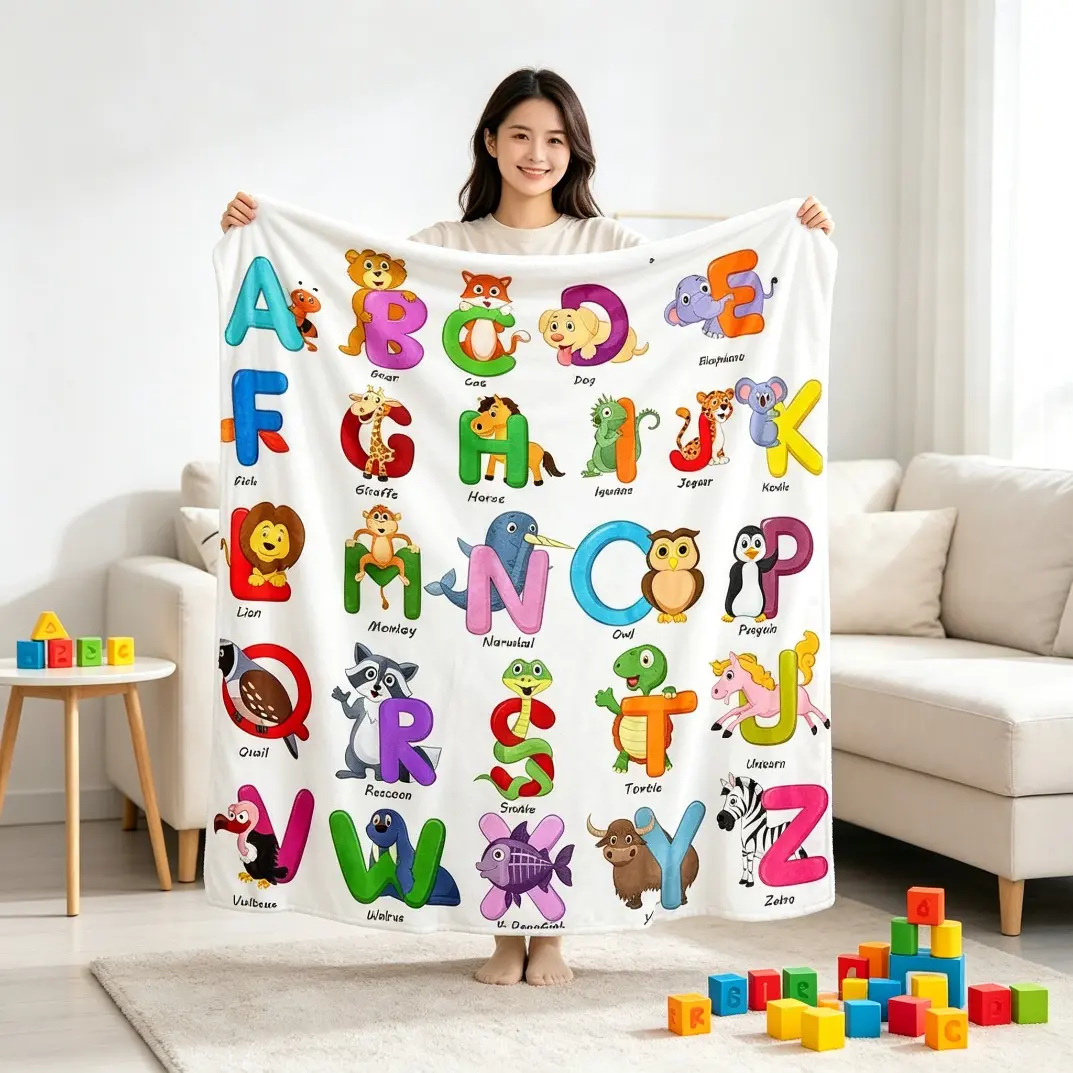 Educational Alphabet-Animal Print Flannel Blanket, Soft Cozy Child-Sized Option for Fitness for Everyone, Sofa-Bed Use, Alphabet Letters & Animal Print Birthday Gift, Alphabet Letters Blankets