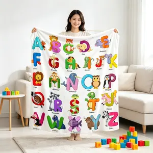 Colorful ABC Animal Learning Flannel Blanket, Soft Cozy Educational Alphabet Throw Blanket for Adults Kids, Sofa Bed Recliner Travel Birthday Gift