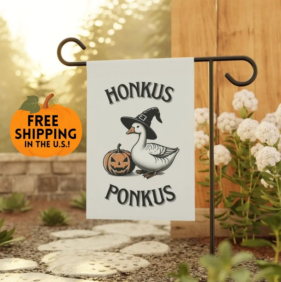 Honkus Ponkus Silly Goose Funny Halloween Garden flag - Garden & House Banner Hocus Pocus Witch goose with Jack-o-lantern Outdoor decor