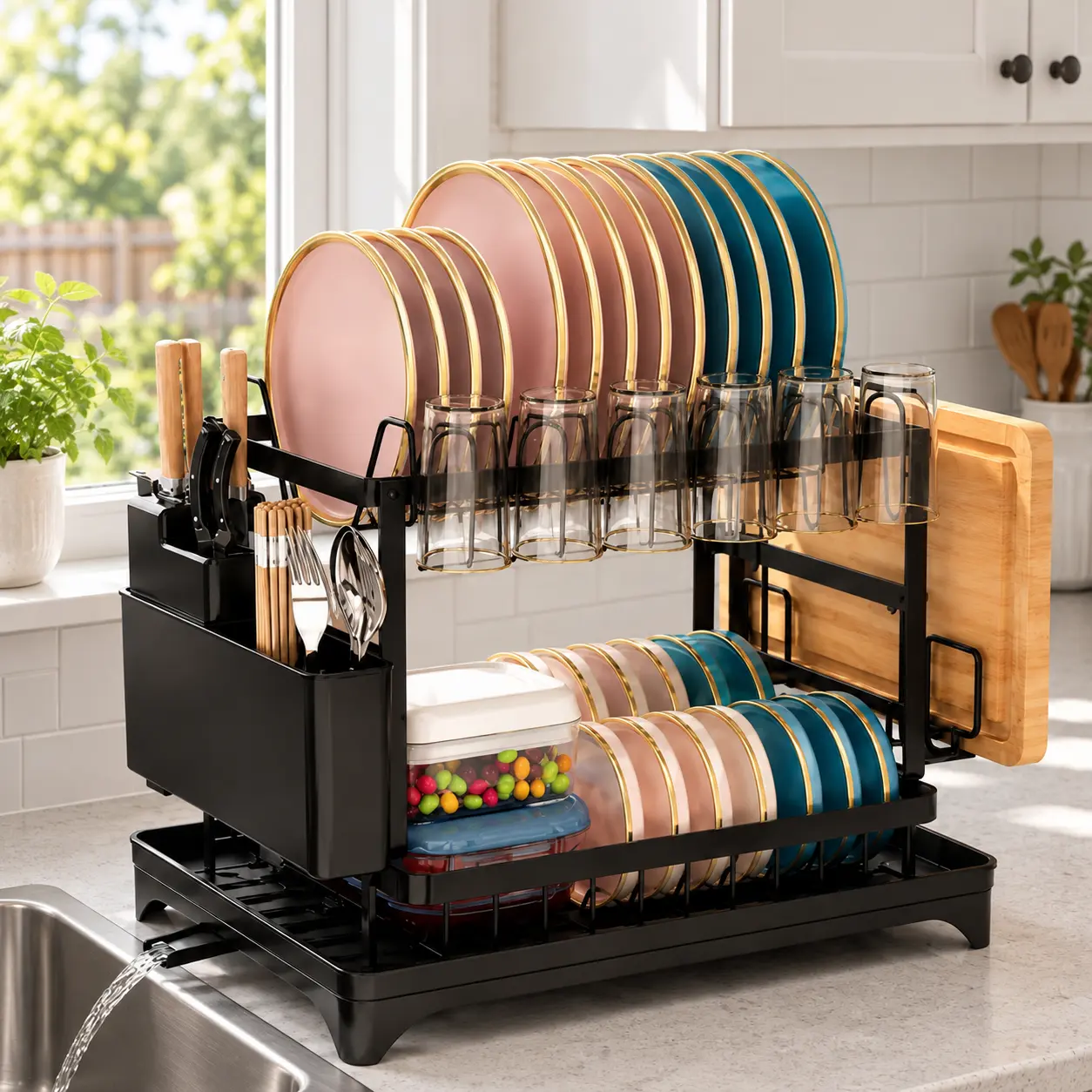 Large Capacity Countertop Dish Rack with Double Storage Levels, Fast Drain Tray, Cup Holders, Cutlery Organizer and Side Board Storage for Kitchen Sinks