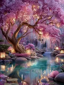 5D Square Full Drill Diamond Painting Kit Cherry Blossom Tree Pond Lantern Scenery DIY Art Craft for Adults Home Wall Decor