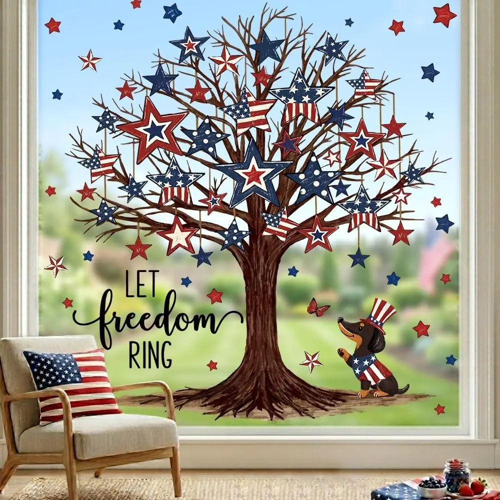 DIYDEC 4th of July Window Clings Reusable Independence Day Window Stickers | Red Blue Patriotic Tree Window Decals for Party Holiday Home Holiday Store Glass Decoration