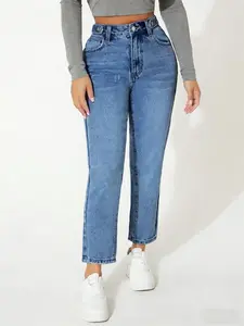 Vintage Street Style Straight Leg Jeans, High Waist Mid-Wash Adjustable Waist Nine-Inch Denim Jeans, Trendy Fashionable Bottoms