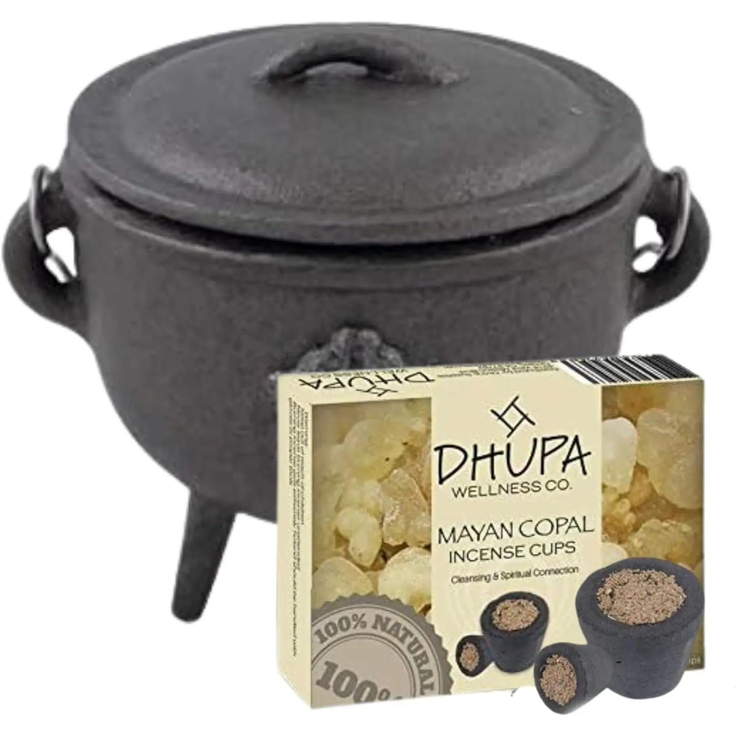 Cast Iron Cauldron with Lid and Carry Handle for Spells, Smudging, Ritual & Blessings | Includes 6 Free Incense Smudge Cups (4.5 Inch, Hand of Hamsa)