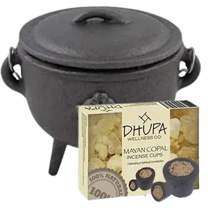 Cast Iron Cauldron with Lid and Carry Handle for Spells, Smudging, Ritual & Blessings | Includes 6 Free Incense Smudge Cups (4.5 Inch, Hand of Hamsa)