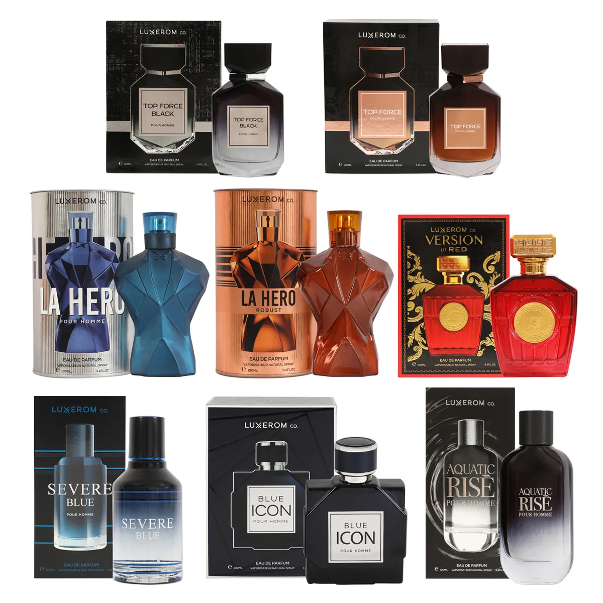 Luxerom Men's Creator Package 1 - Top Force Black(LUX032), Top Force Pour Homme(LUX031), La Hero(LUX033), La Hero Robust(LUX034), Version of RED(LUX029), Severe Blue(LUX019), Blue Icon(LUX021), Aquatic Rise(LUX023) Natural Spray for Men