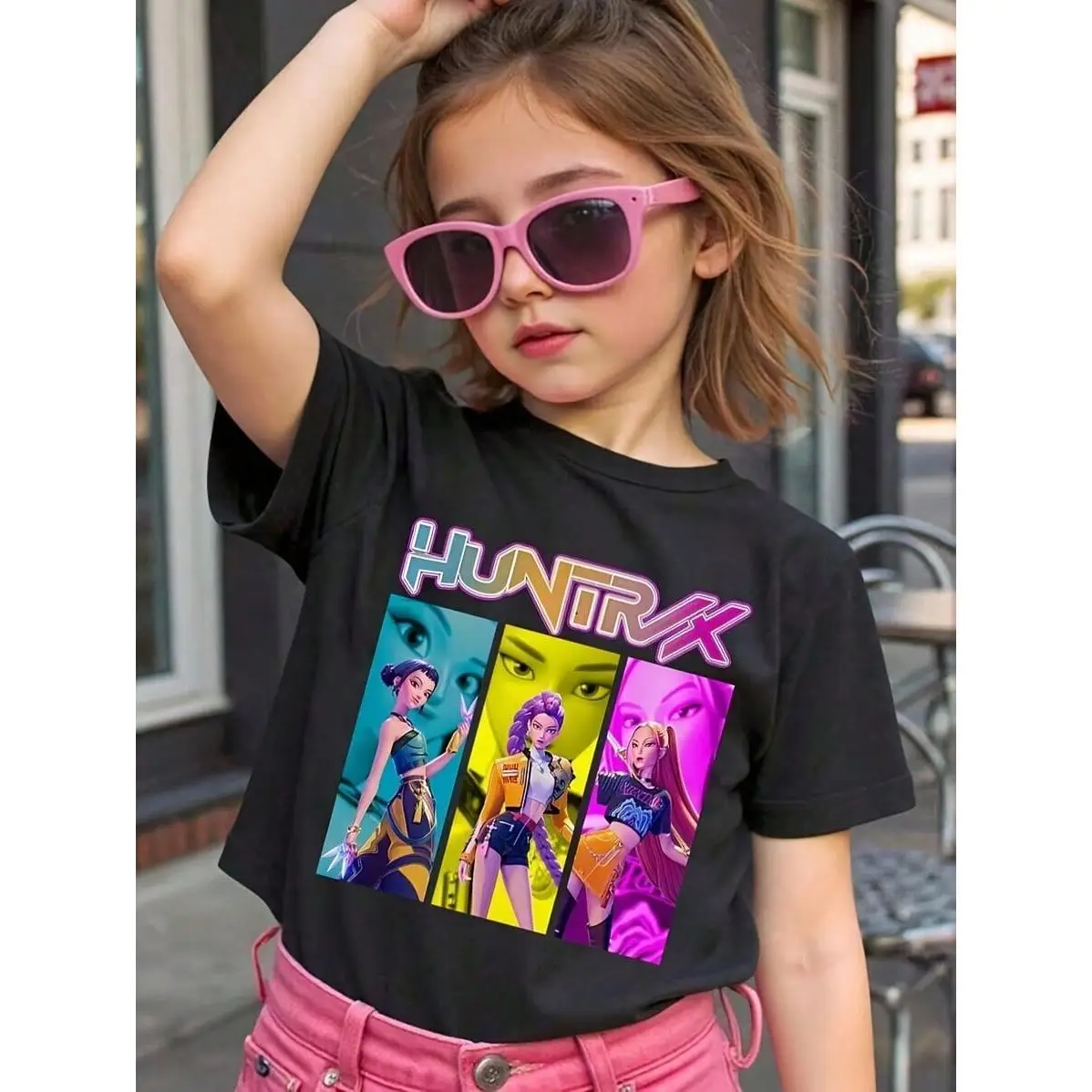 Back to school season, cotton graphic T-shirt for young girls and boys, "HUNTRX" Rumi & Zoey & Mira, black summer shirt with colorful cartoon pattern,