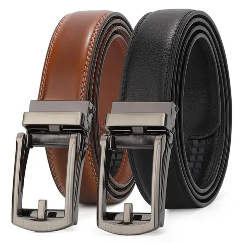 2-Pack Genuine Leather Ratchet Belts For Men Adjustable Belt Men's Dress Belt With Alloy Automatic Buckle