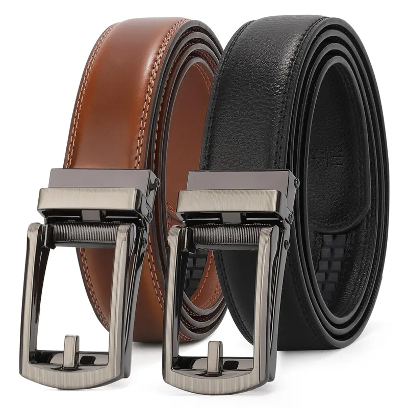 2-Pack Genuine Leather Ratchet Belts For Men Adjustable Belt Men's Dress Belt With Alloy Automatic Buckle