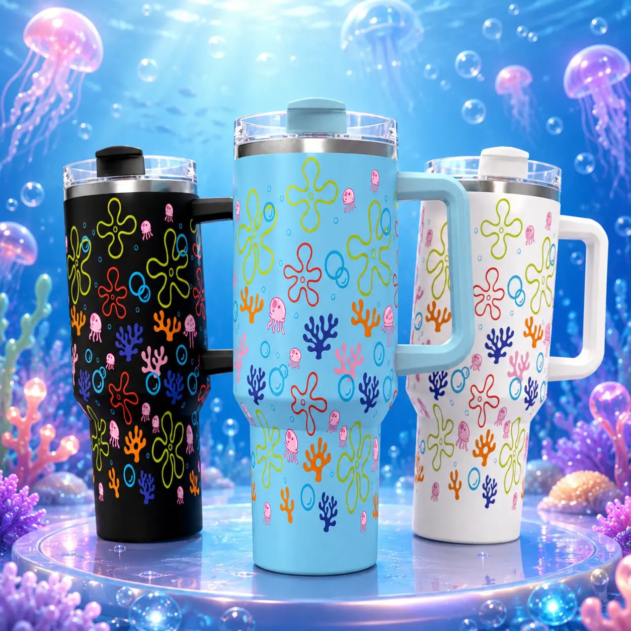 1PC 40oz Insulated Slim Cylinder Travel Tumbler, Ocean Aesthetic Jellyfish Coral Vacuum Flask, Multiple Colors Leak-Proof Straw Lid & Handle Kitchen Drinkware