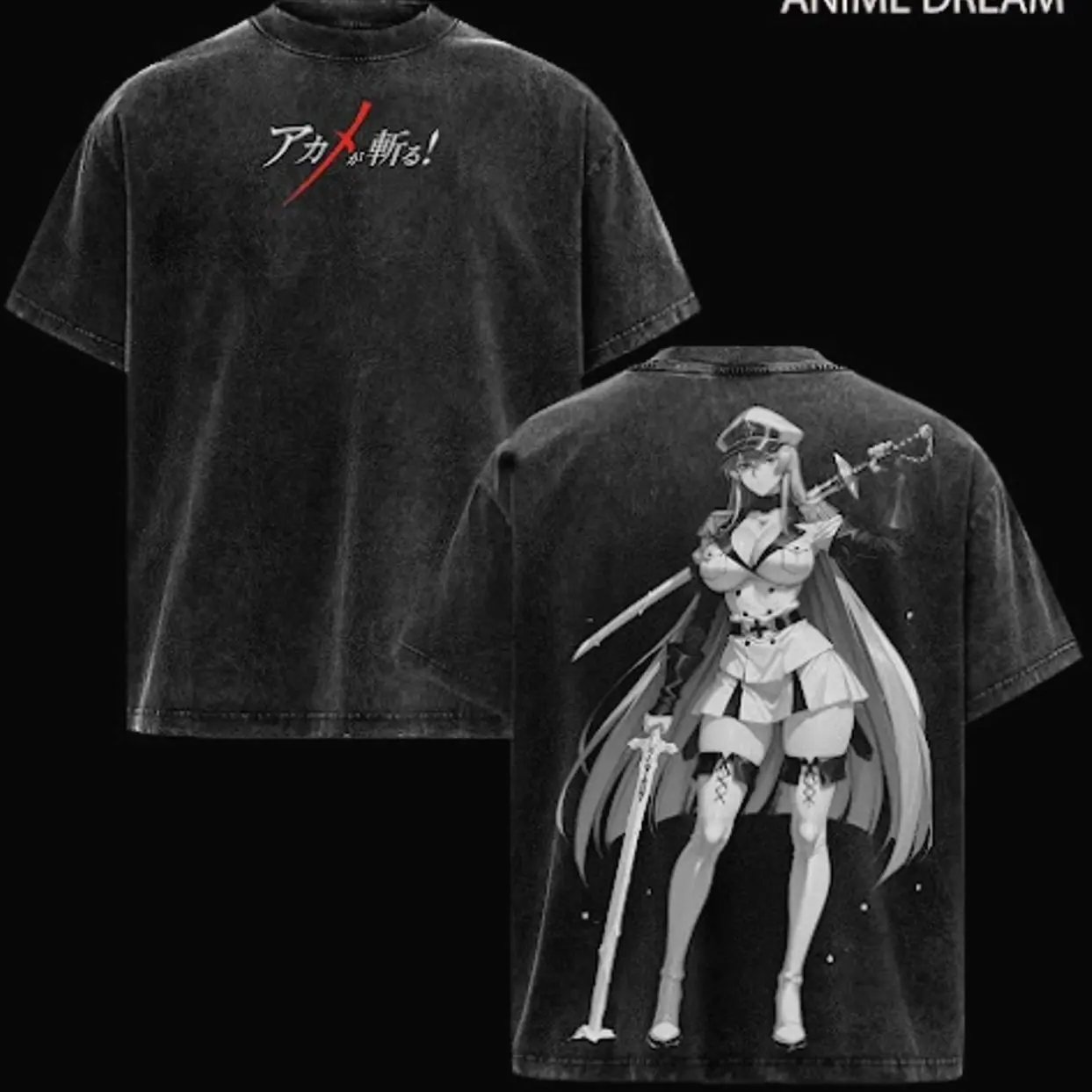 Esdeath Akame ga Kill! Anime Double Printed Vintage Washed Tee Unisex Oversize Anime Manga Washed Heavyweight Cotton T-shirt WOK