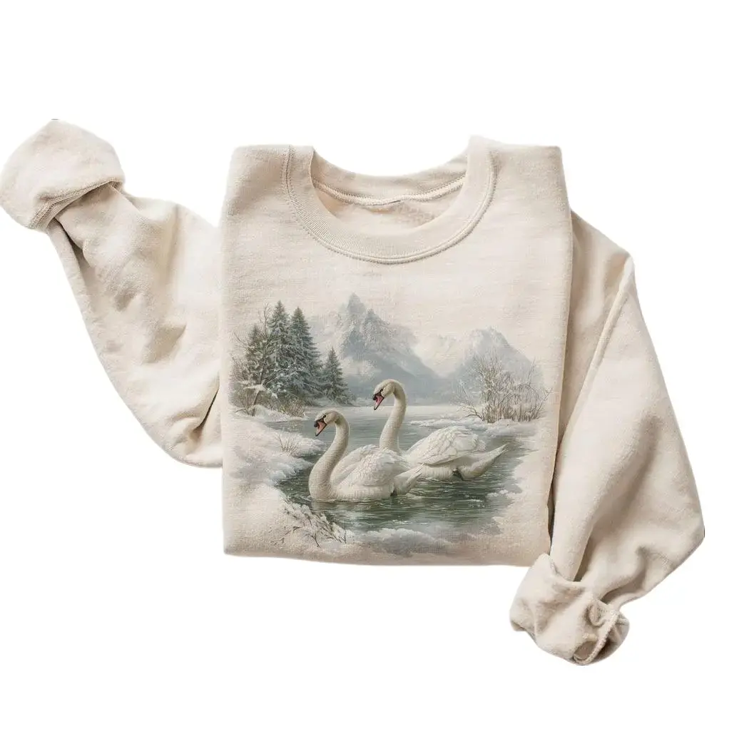 Retro Swan Sweatshirt, Women's Casual 90s Boho Long Sleeve Pullover, Cotton Graphic Top with Winter Lake Scene