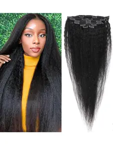 Women's Yaki Straight Clip-In Hair Extensions, 100% Unprocessed Brazilian Virgin Hair, 100g/8pcs, 16 Inch Length, Natural Look