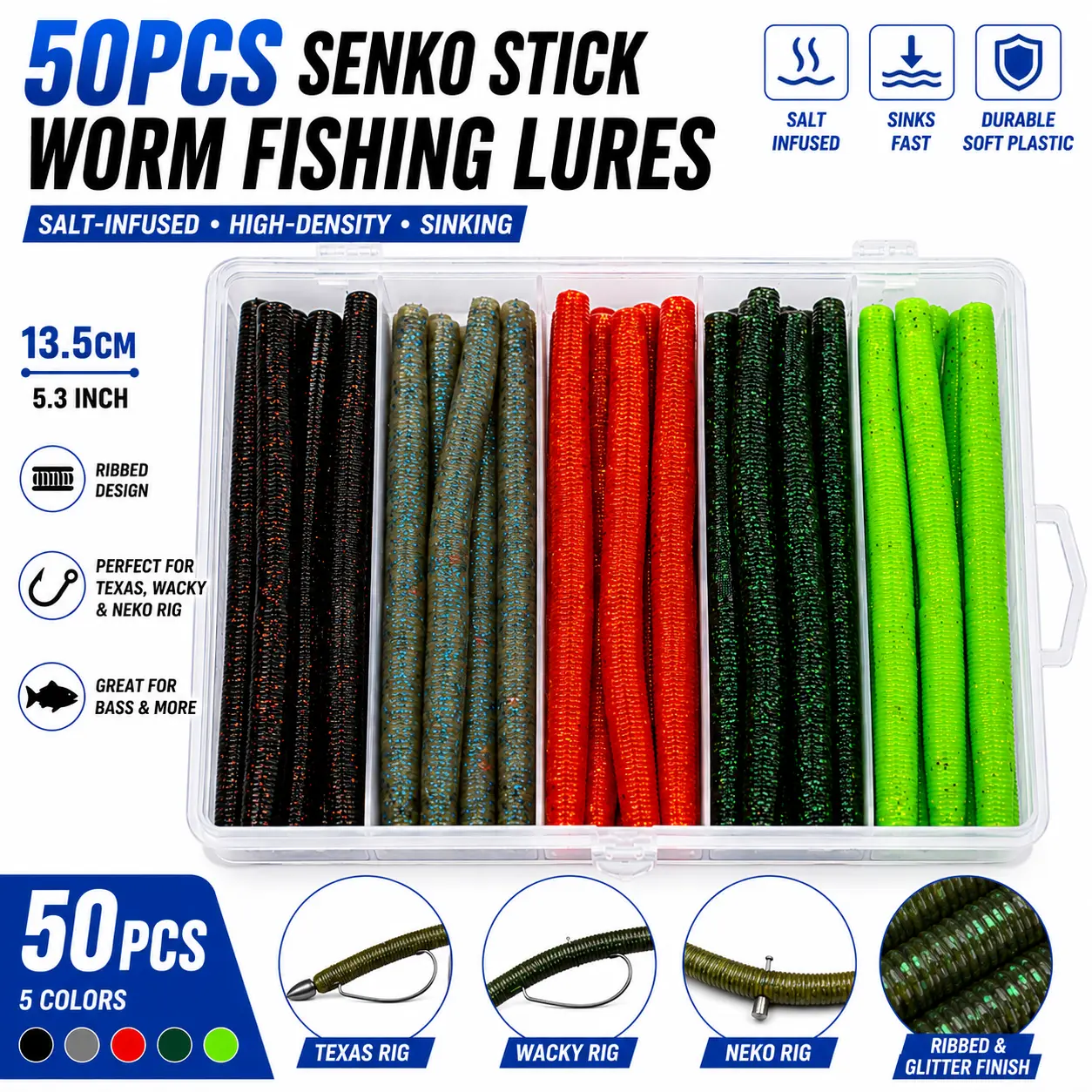 50PCS Senko Stick Worm Fishing Lures, Salt-Infused High-Density Sinking Soft Plastic Baits, 13.5cm Ribbed Glitter Worms with Storage Box for Texas Rig, Wacky Rig & Neko Rig
