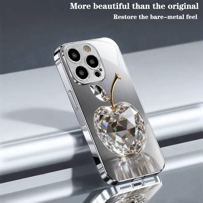 Crystal apple pattern, drop-proof and non-slip TPU full-coverage lens electroplated silver glass phone case, compatible with iPhone 17, 16, 15, 14, 13, 12, 11, Samsung and other models. Makes a great gift for friends or family.