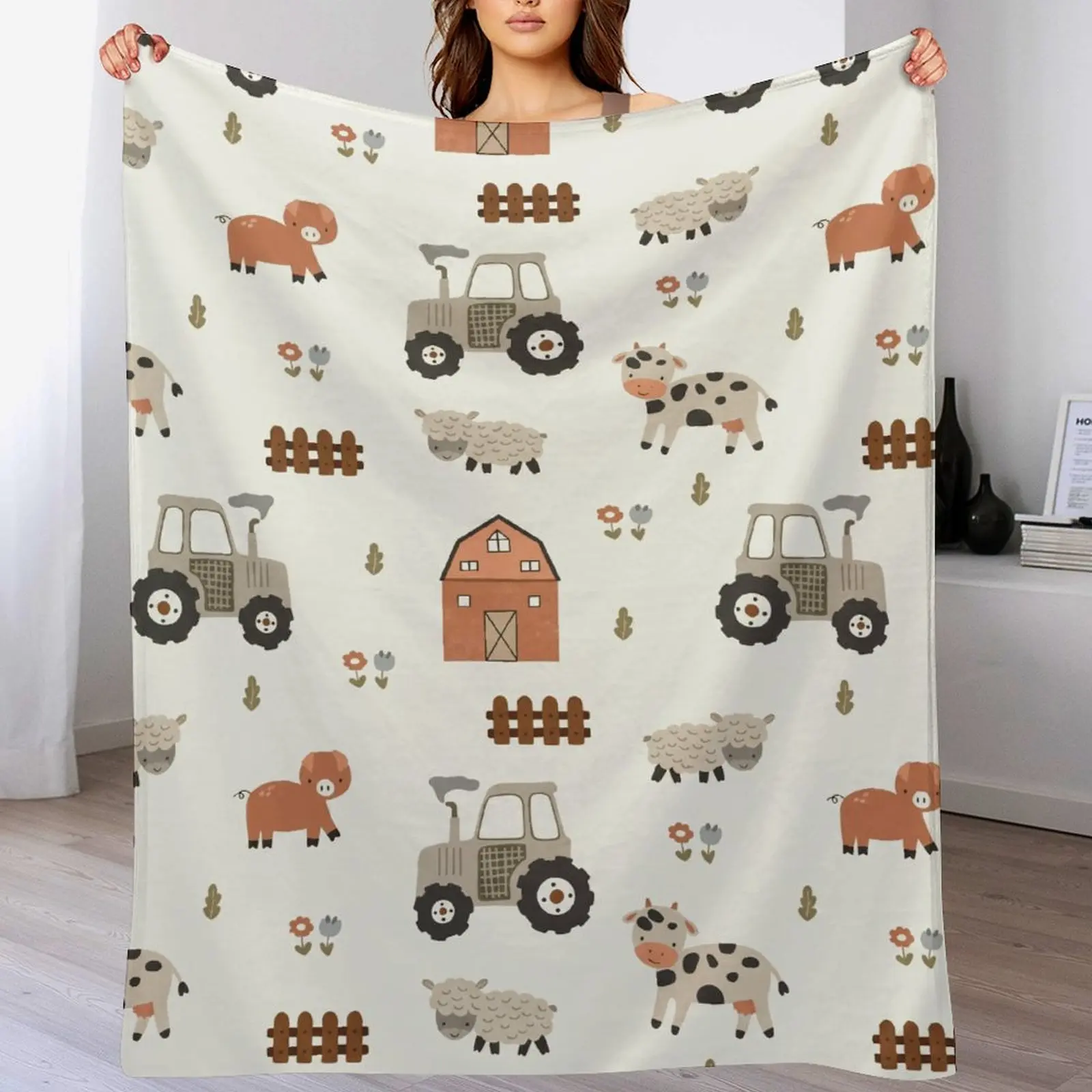 Neutral Farm Animal Blanket, Cute Cow, Pig & Sheep Nursery Throw, Soft Tractor Barn Crib Blanket