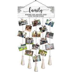 Family Quote Hanging Photo Display Board With 16 Clips 5 Strings Rustic Wood Picture Collage Wall Decor For Home Housewarming Gift