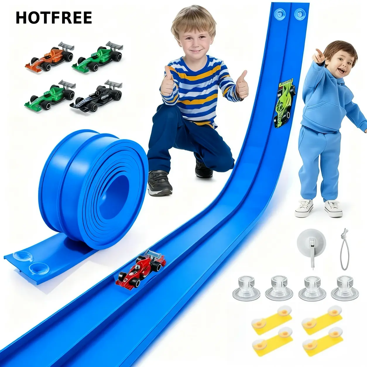 Hotfree 15Ft Flex Tracks for Kids, Flexible Race Car Ramp Track with 4 Mini Cars, 12 Suction Cups & 1 Hook, Compatible with Hot Wheels & 1:64 Diecast Cars, Portable Roll-Up Racetrack, Birthday & Christmas Gifts for Ages 3+