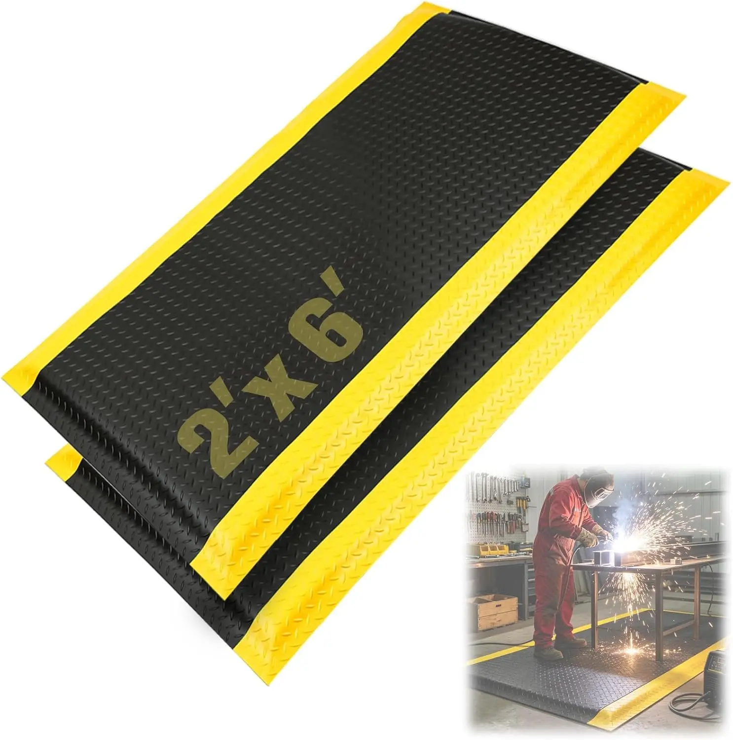 2 Pack 2x6 FT Industrial Anti Fatigue Mat 15/16 Inch Thick Non Slip | Fatigue Reducing Cushioned Sponge Surface for Standing Work Kitchen Workshop Non Slip Base