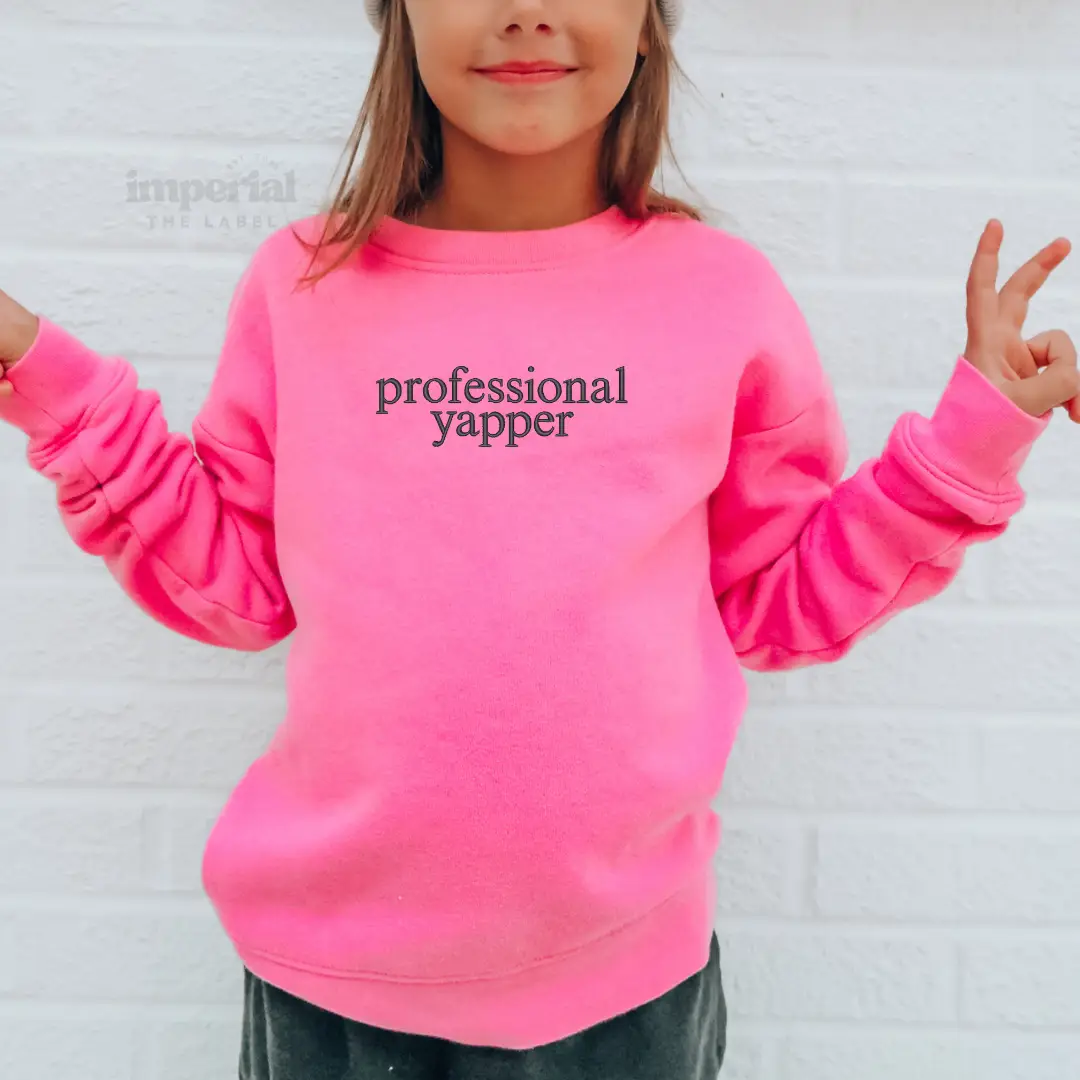 Professional Yapper Embroidered Youth Sweatshirt, Funny Kids Crewneck, Cute Kids Sweater, Cozy Youth Pullover, Trendy Kids Apparel, Comfy Kids Gift, C