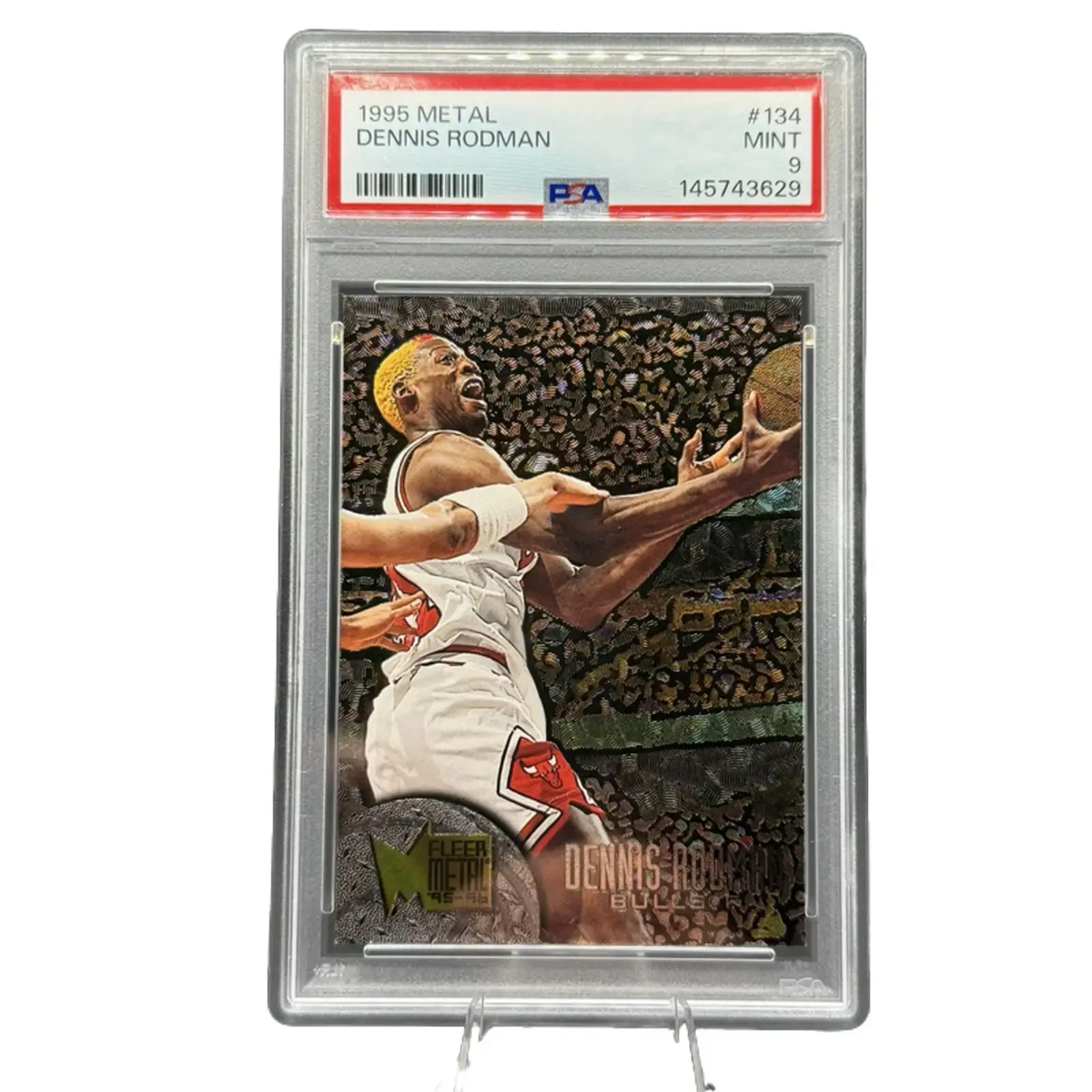 1995 Fleer Metal Dennis Rodman Sports Trading Card #134, PSA 9 MINT, Serial Number 145743629