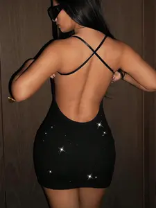 Sparkling Rhinestone Dress - Sexy Mini Backless Criss Cross Design for Parties & Nights Out in Black Mesh Fabric