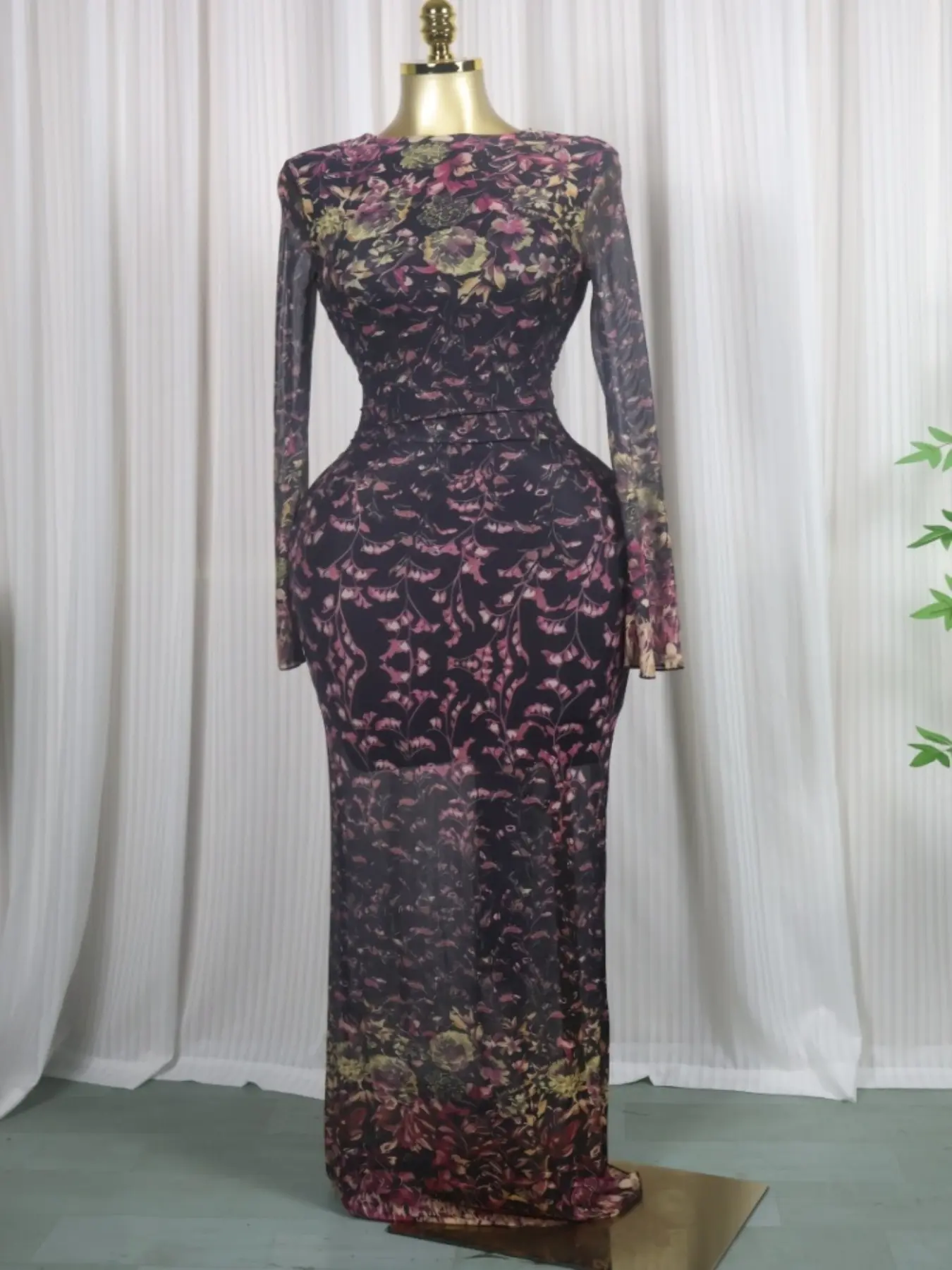 QFAF Elegant Floral Mesh Long Sleeve Maxi Dress for Women – Sheer Back Tie Design, Adjustable Ruched Waist, Curve-Enhancing Fit, High Stretch Fabric for Comfortable and Flattering Silhouette, Perfect for Evening Events, Parties, Date Nights