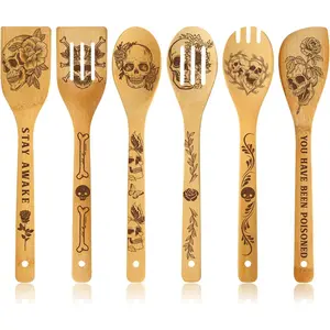 6 count Skull Engraved  Cooking Utensils Set, Halloween Gifts for Friends, Cool Cooking Spoons Set  for Women Men, Birthdays Housewarming Gifts