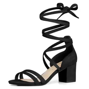 BLISSFUL STEP Women's Open Toe Lace Up Color Block Heel Sandals