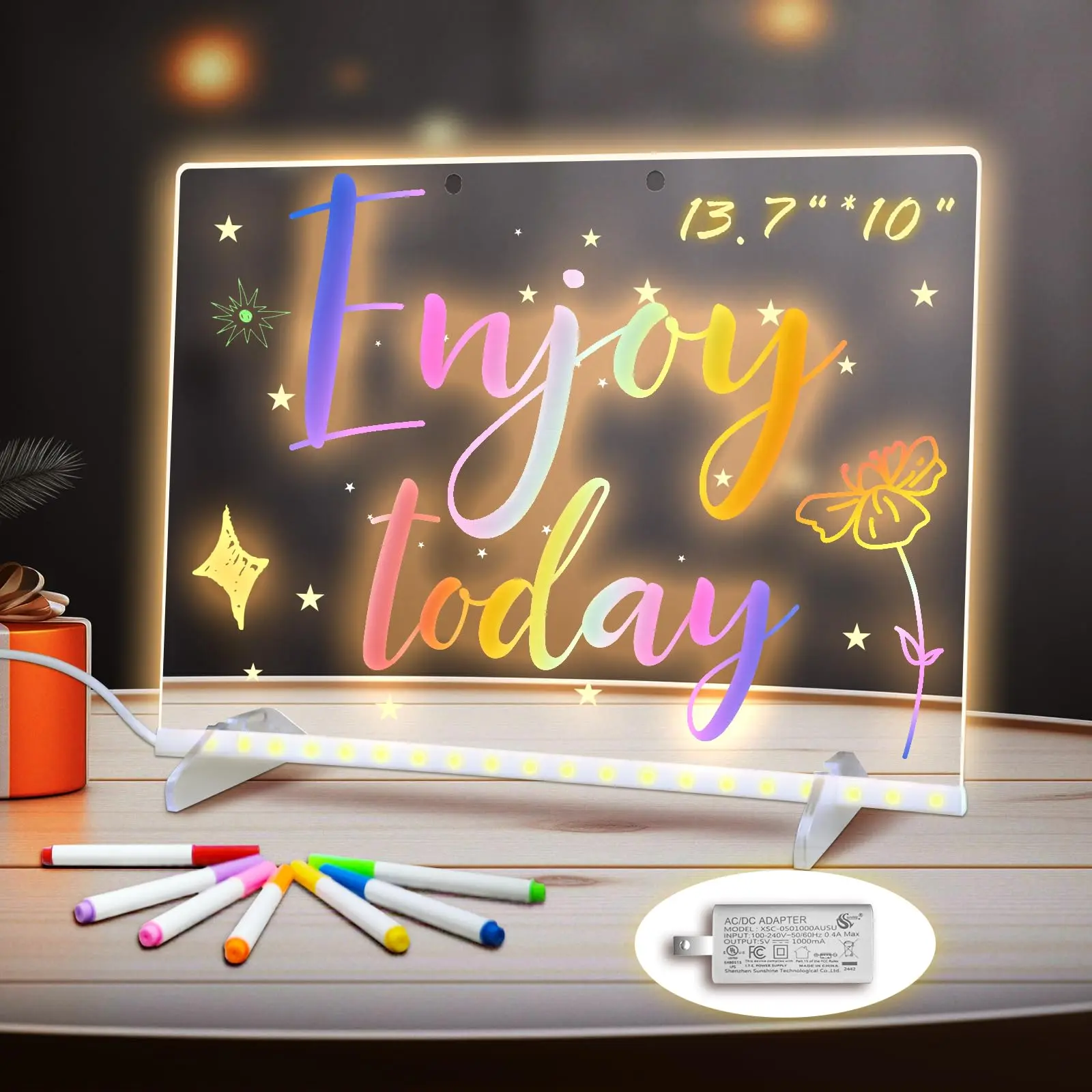 Acrylic board with light, serving as an art drawing board & illuminated message board. Comes with a bracket, 7 markers, is reusable, and perfect as a children's drawing board or advertising light board.