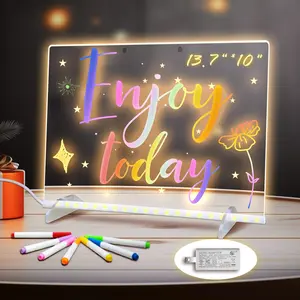 Acrylic board with light, serving as an art drawing board & illuminated message board. Comes with a bracket, 7 markers, is reusable, and perfect as a children's drawing board or advertising light board.