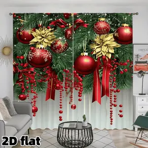 2D Flat 2Pcs Christmas Festive Curtain Panels Red Baubles Gold Poinsettia Pine Needles Berry Garland Print Rod Pocket Polyester Semi Sunshade for Living Room Bedroom Kitchen Window Holiday Decor Anti Privacy