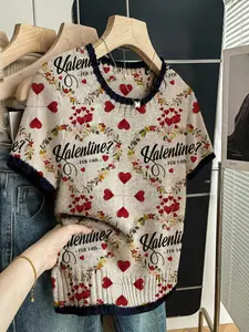 Heart Letter Print Round Neck Sweater, Casual Short Sleeve Knitwear for Spring Summer Fall, Comfortable Warm Women's Clothing
