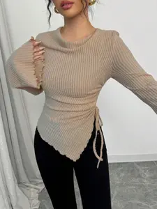 Fashionable asymmetric hem elegant adjustable drawstring casual comfortable lightweight cross-belt draped knitted autumn and winter women's clothing, Womenswear, Knitwear