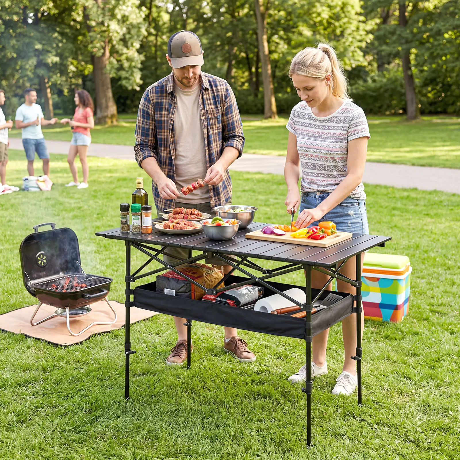 Senmeo Upgraded Portable Collapsible Camping Table - Aluminium Alloy Folding Table with Adjustable Height, Mesh Bottom, Mesh Layer, Lightweight Portable Outdoor Equipment for Hiking Gear, Beach Outings, BBQs