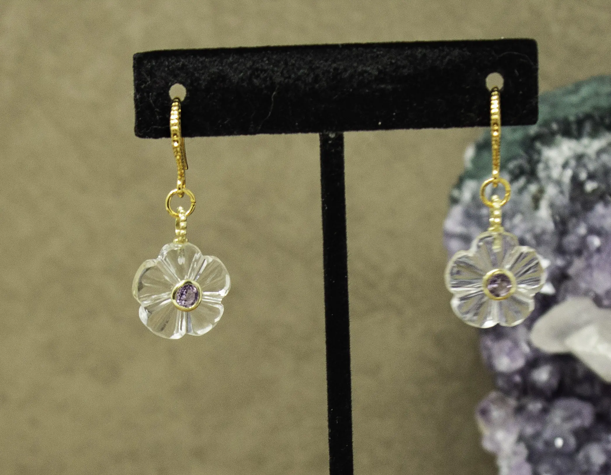Clear Quartz Crystal Inlayed with Faceted Amethyst Floral Earrings