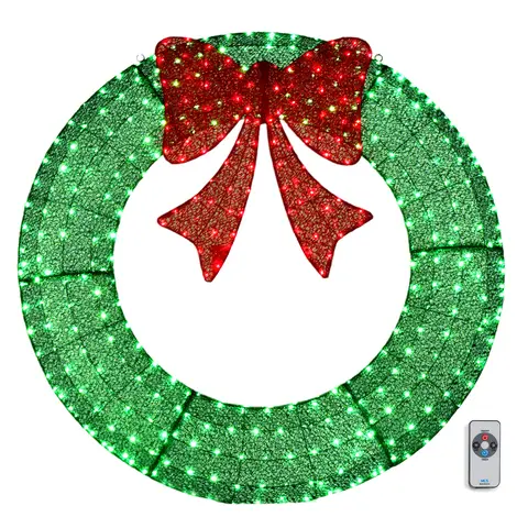 Karlhome 60in Gold 400LED Pre-Lit Outdoor Christmas Wreath with Metal Frame, 400 Warm White LED Lights, Timer Remote Control, Green Red Bow - Hanging Home Decor Ornament for Home Exterior Garden