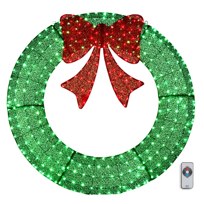 Karlhome 60in Gold 400LED Pre-Lit Outdoor Christmas Wreath with Metal Frame, 400 Warm White LED Lights, Timer Remote Control, Green Red Bow - Hanging Home Decor Ornament for Home Exterior Garden