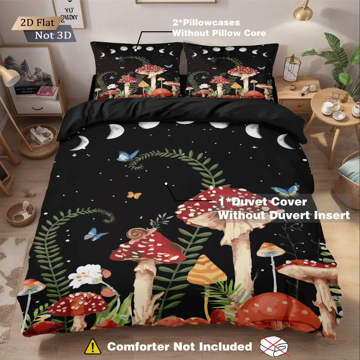Mushroom Print Bedding Set, Includes Fitted Sheet & Pillowcases, Soft Comfortable Home Bedroom Linen, No Fillers Needed, Bed Sheets Set
