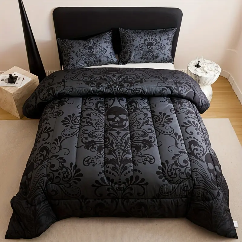 2D Flat 3pcs Black Gray Design Skull Quilt Set (1 Comforter +2 Pillowcases Without Pillow Core), Contains Padding 180gsm Quilting Soft Ventilate Digital Printing Bedroom Dormitory At Home Room Decor Back-to-School Season Valentine'S Day Gift-Giving