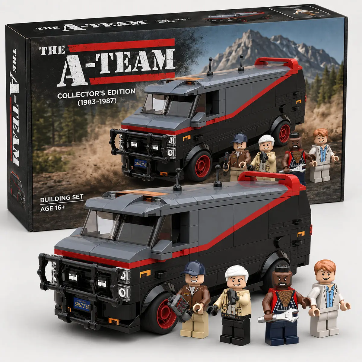 The A-Team Van & Crew Building Set, Black and Red 1980s Action Van Brick Model with 4 Minifigures, Opening Rear Doors & Tool Storage, Collector's Edition Display, Gift for Fans & Dad