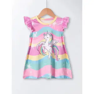 Baby Girl Summer Dress Cartoon Unicorn Pattern Princess Style, Cute Loose-Fitting Sleeveless Design, Sweet Fashion for Kids, Baby Clothing