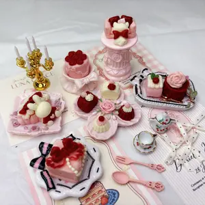 1/6 scale miniature handmade dusty rose desserts squishies & plates kit with sticky and soft texture