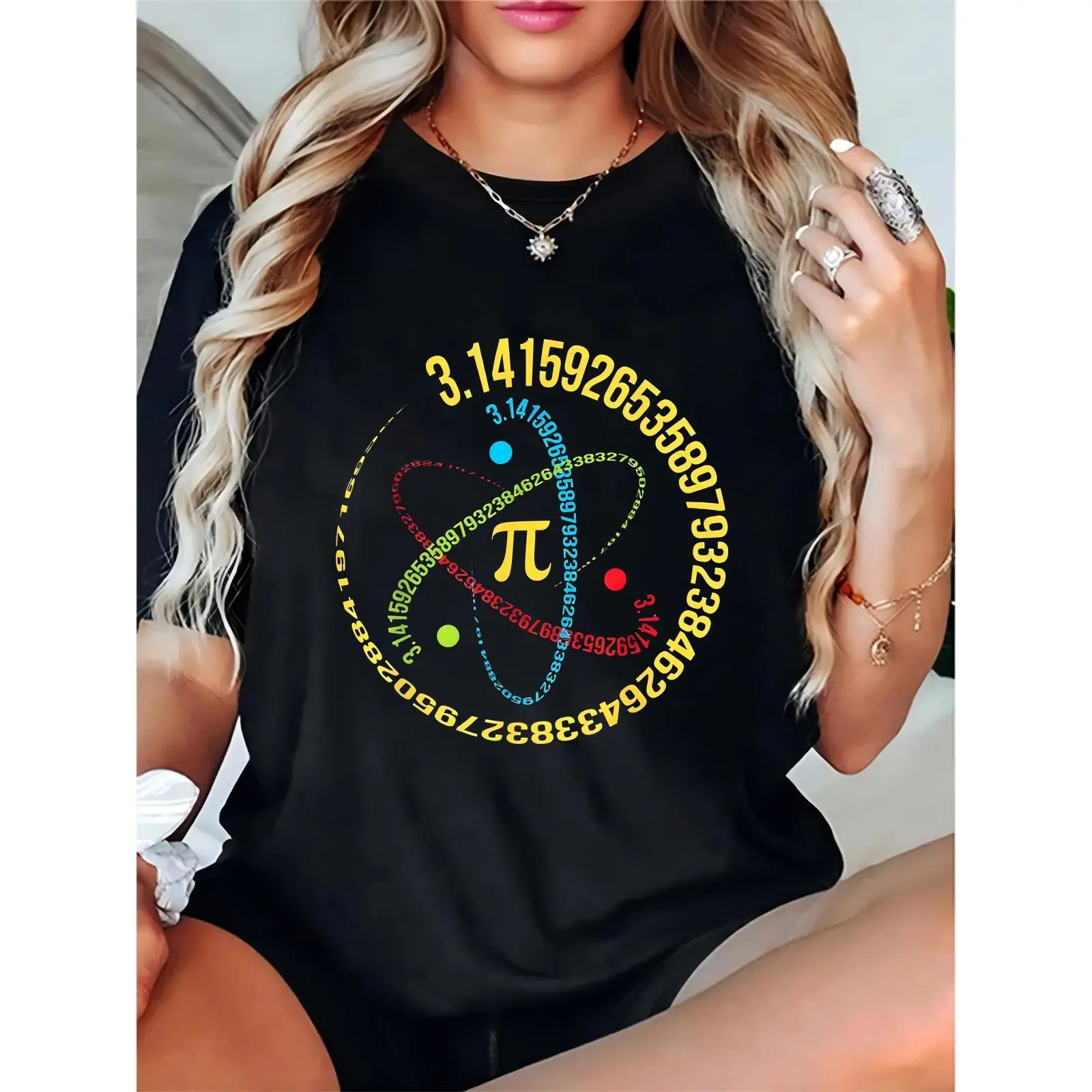 Women's Black Pi Symbol T - Shirt with Pi Digits & Color Dots, Ideal for Pi Day (3.14), Math Enthusiasts, Students & Teachers, Casual Daily or Festival Wear