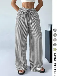 Women's Casual Striped Woven Drawstring Waist Wide Leg Pants, Loose Fit Straight Trousers, Comfortable Long Bottoms for Everyday Wear, Casual Comfy Trouser
